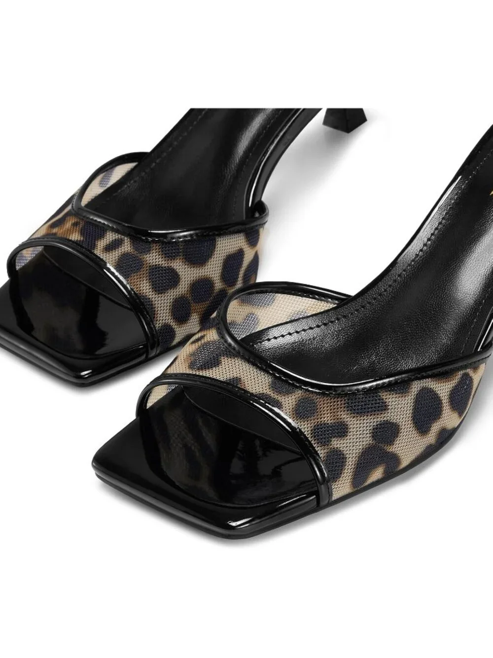 Womens Leopard Mesh Kitten Heels Square Toe Ankle Strap Low Heels Sandals